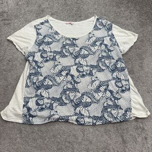 Fresh Produce Butterfly lace Overlay T-Shirt Womens Plus 2X White Blue Cotton